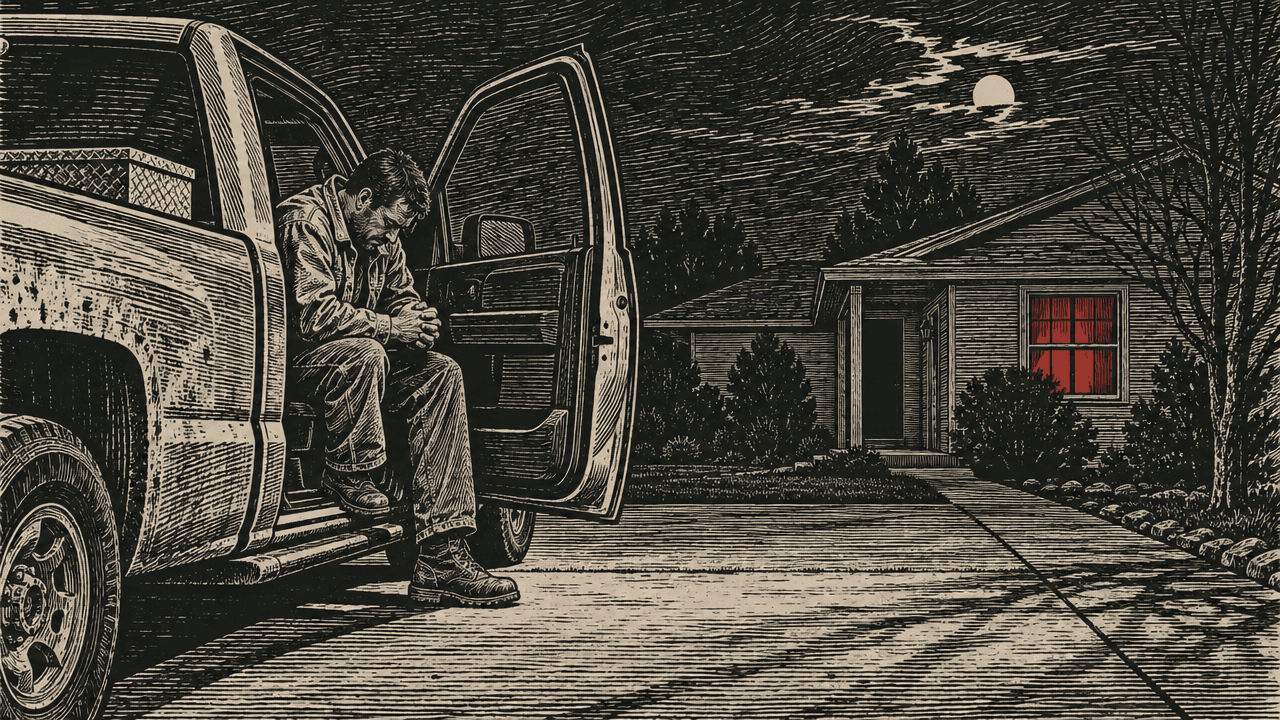 Woodcut: a man in a work jacket sits in his parked truck at night with the door open, head bowed in prayer. One window of the house is lit red.