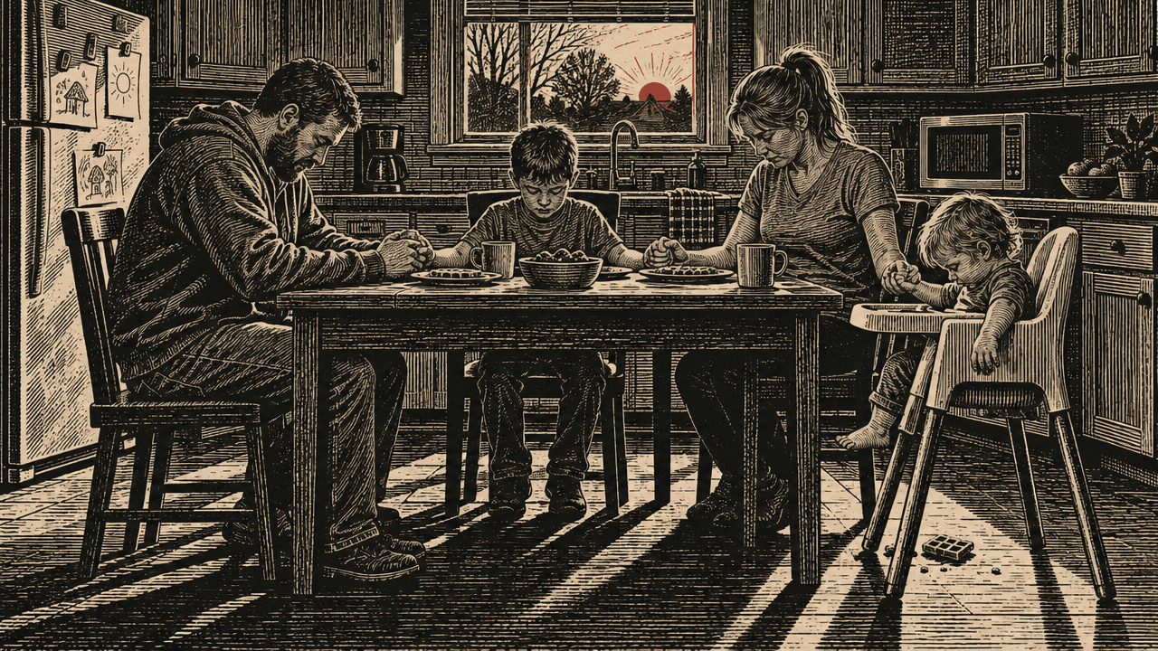 Woodcut: a family holds hands around a kitchen table to say grace at sunrise while the toddler drops a piece of waffle on the floor.