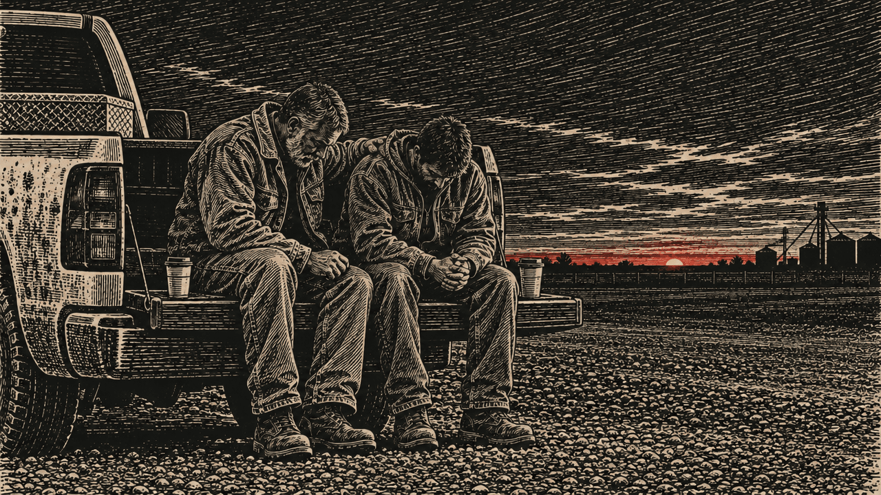 Woodcut: two men in work jackets sit on a tailgate before dawn, heads bowed, one with a hand on the other's shoulder.