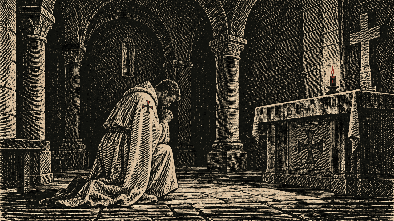 Woodcut: a Templar brother kneels alone in a stone chapel before a single red candle.