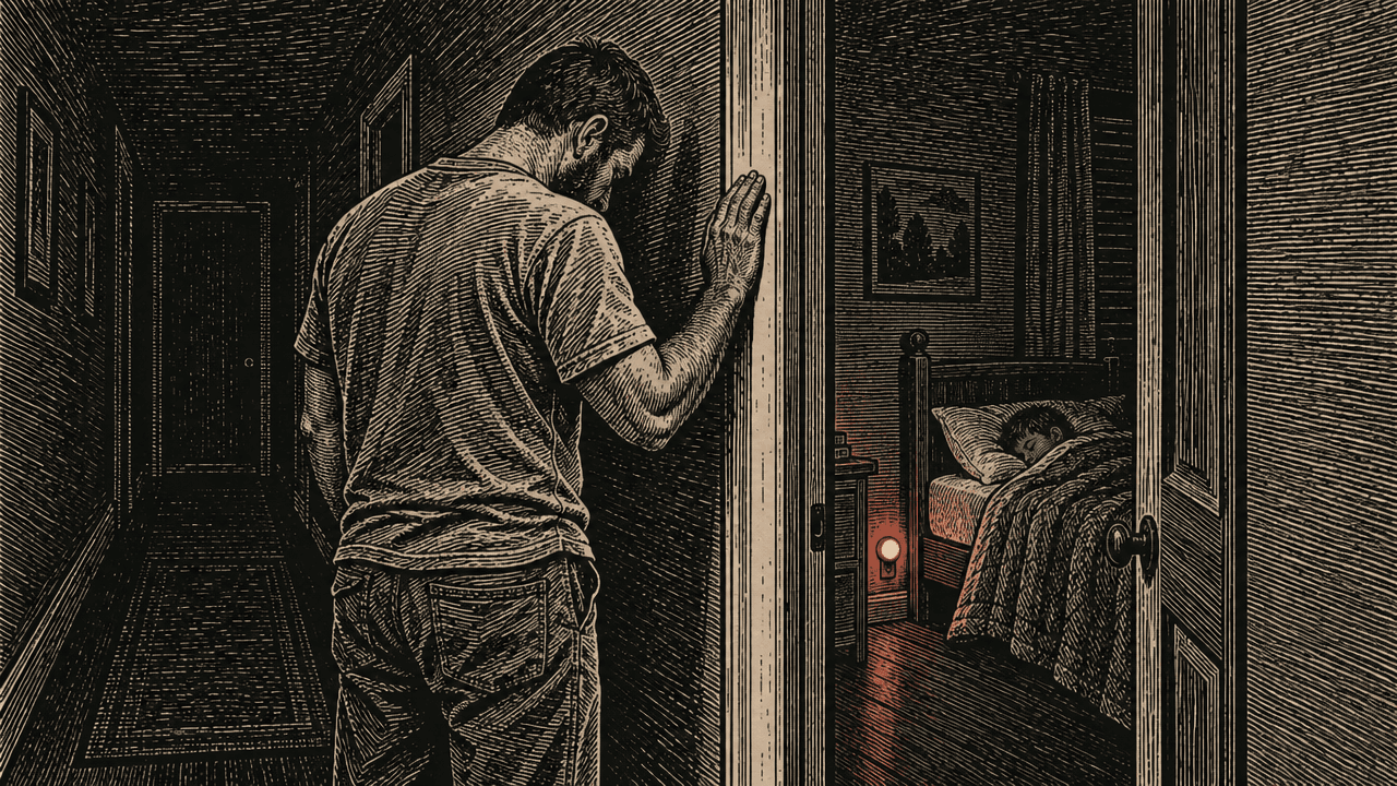 Woodcut: at three in the morning a father stands in a dark hallway with his hand on his child's door frame, head bowed, while the child sleeps.